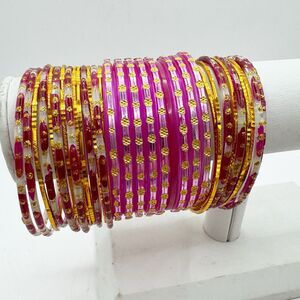 Indian Bollywood Glass Metal Plastic Pink Gold Bangle Bracelet Stack Set Of 32